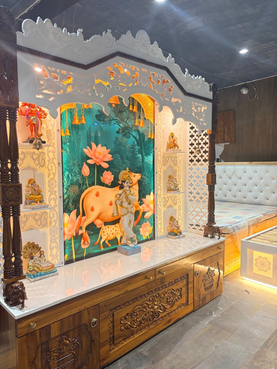 Teakwood & corian mandir