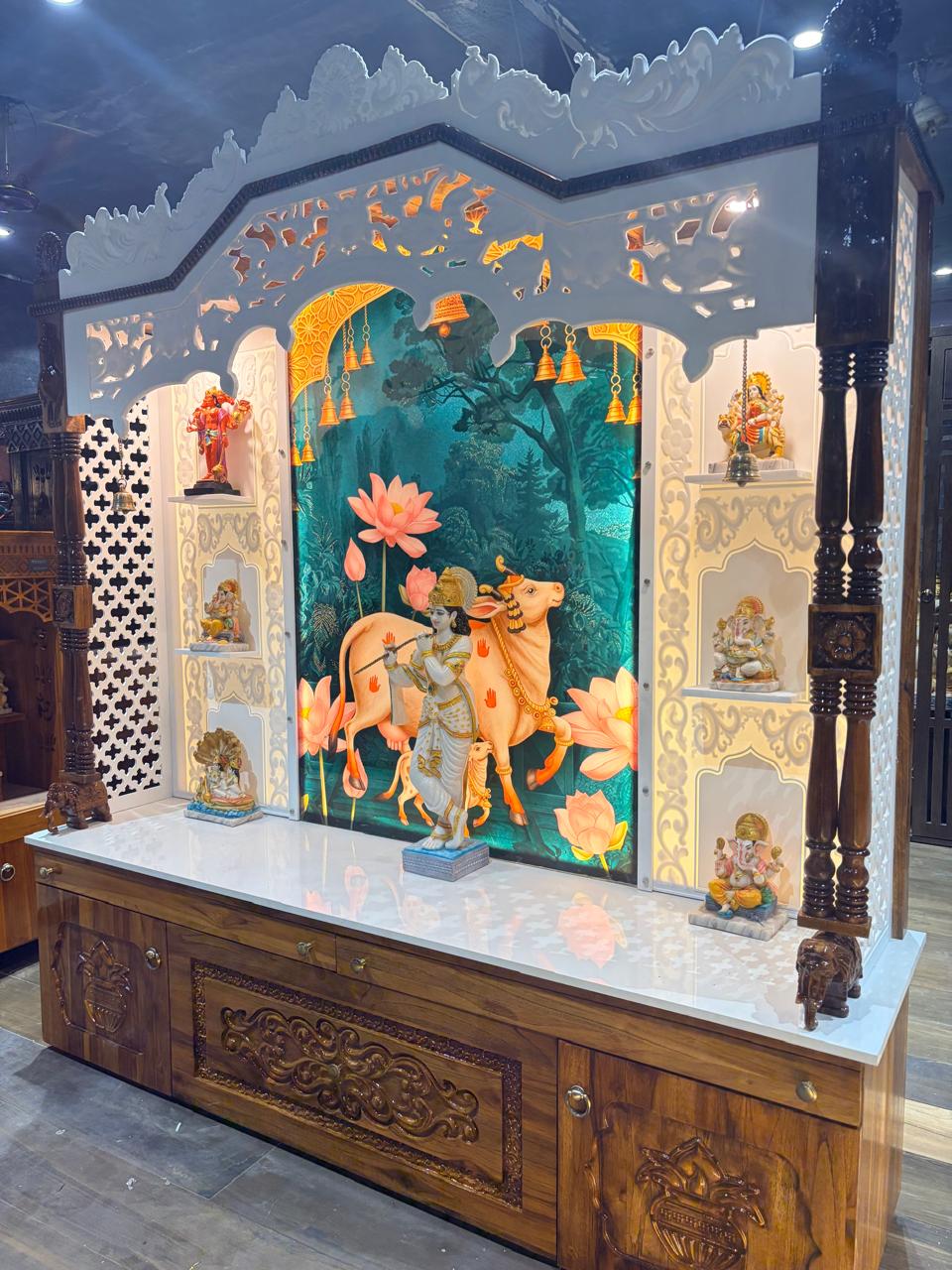 Teakwood & corian mandir