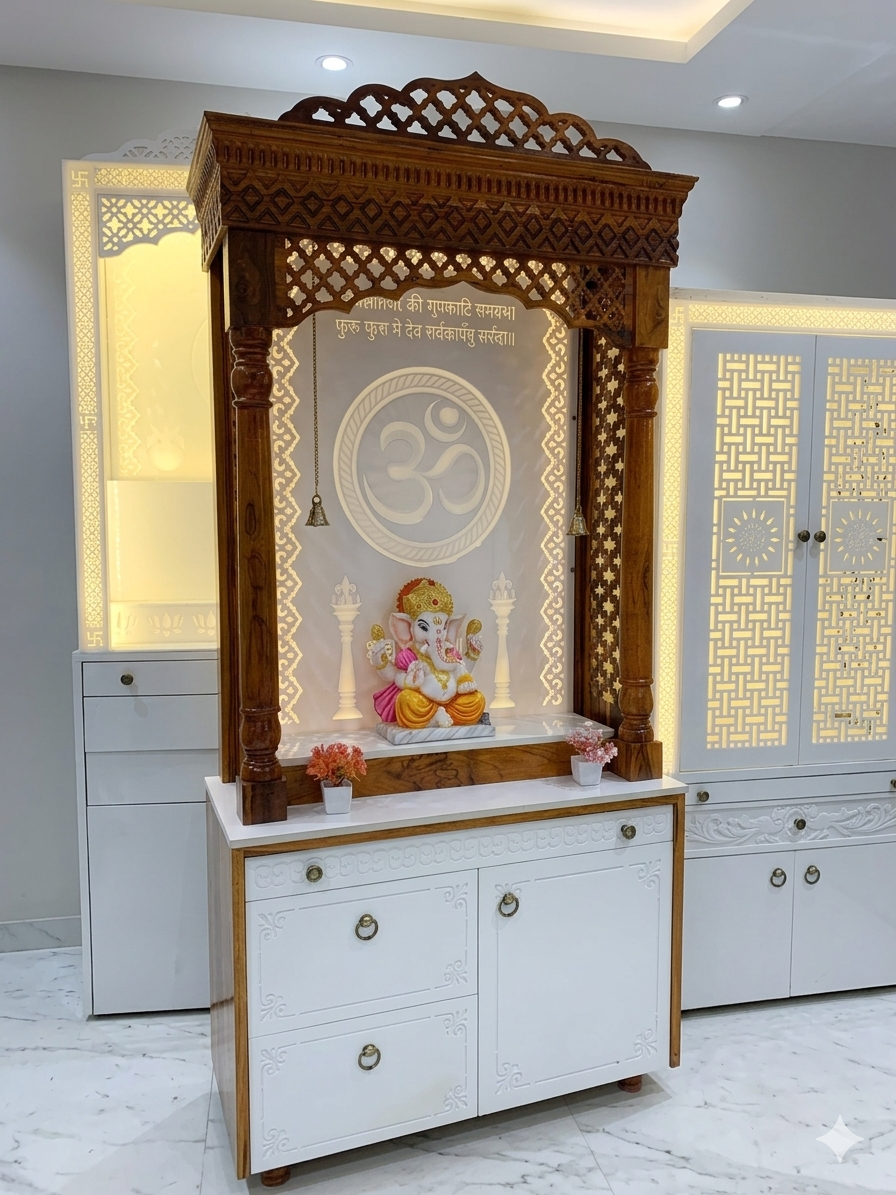Teakwood & corian mandir