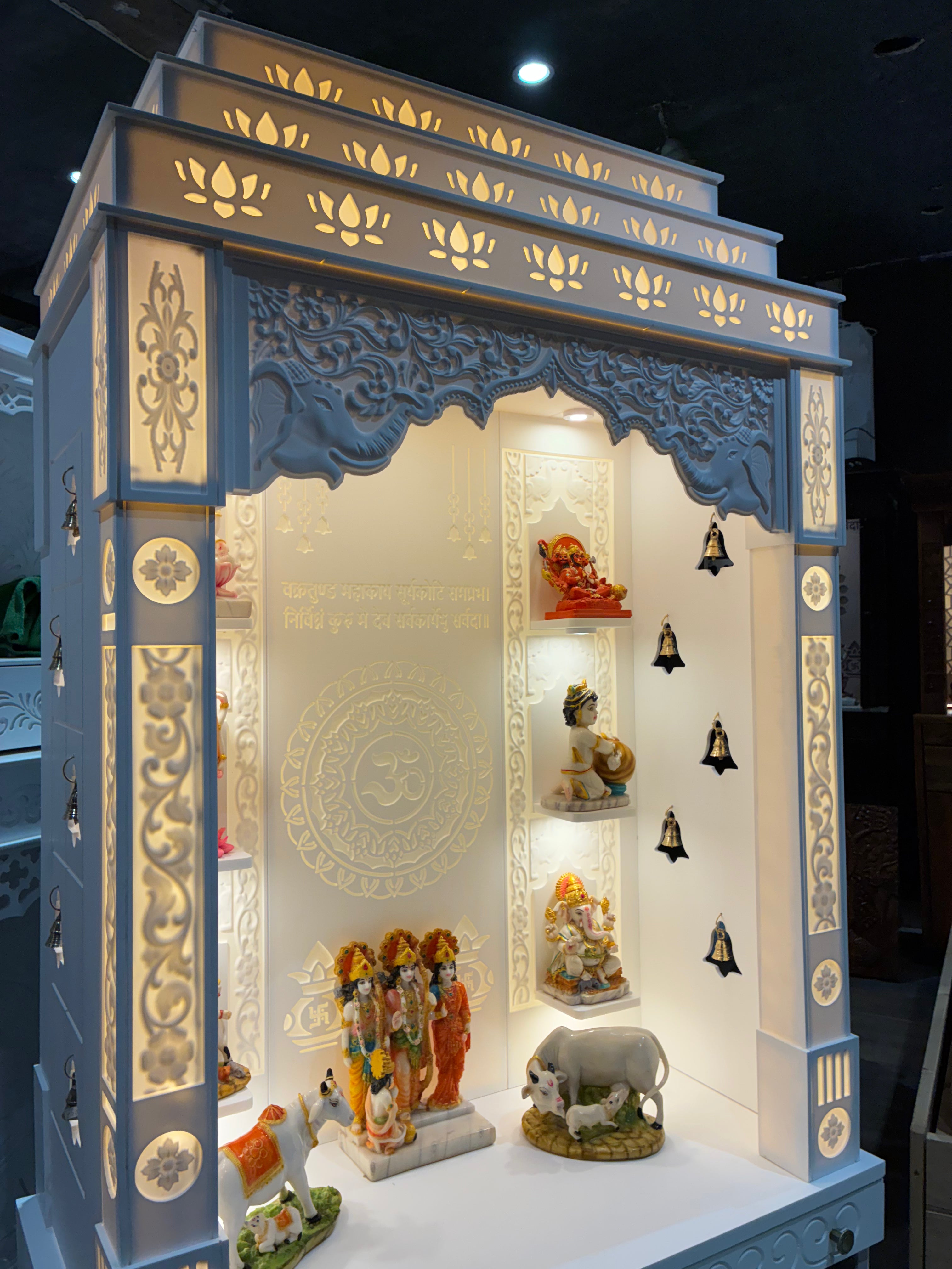 HOME ARTS | Corian pooja mandir with seating | Luxury design