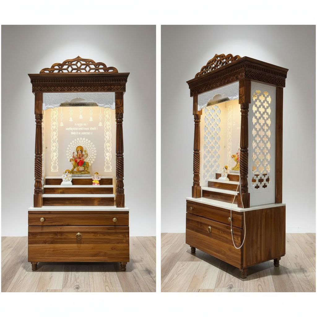 Teakwood mandir with curtains
