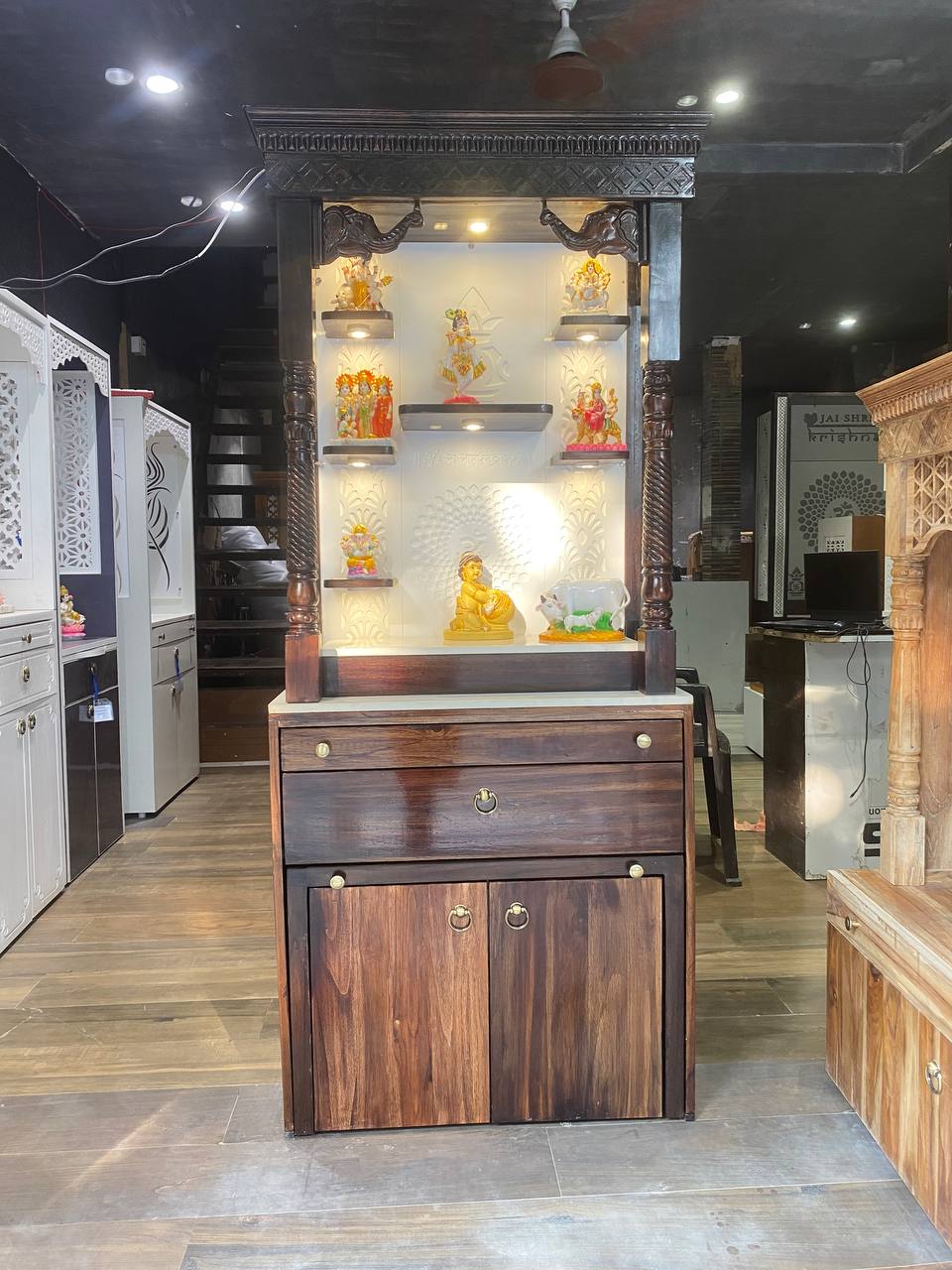 Teakwood mandir with corian back jali