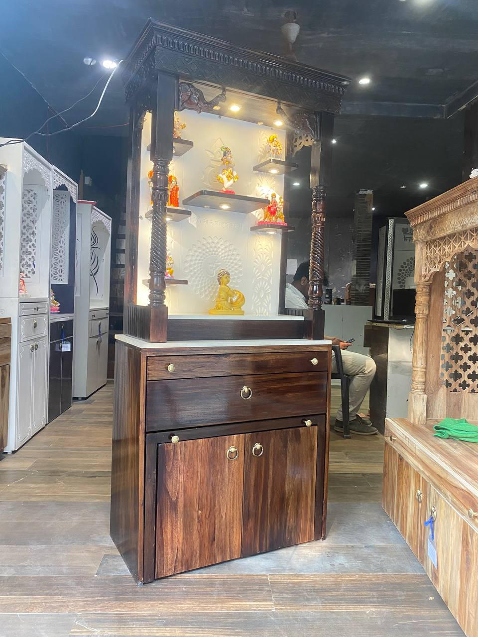 Teakwood mandir with corian back jali