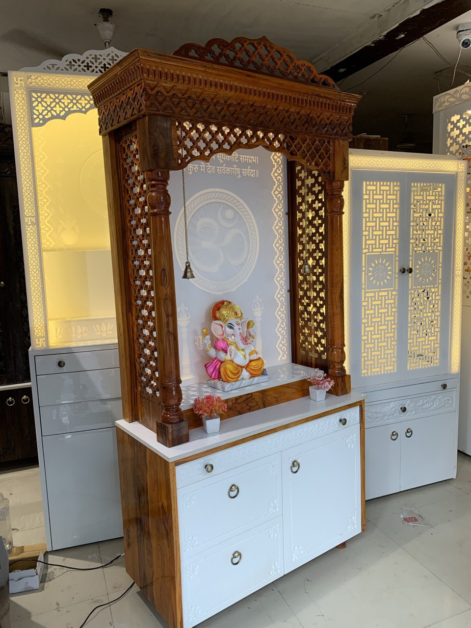 Teakwood & corian mandir