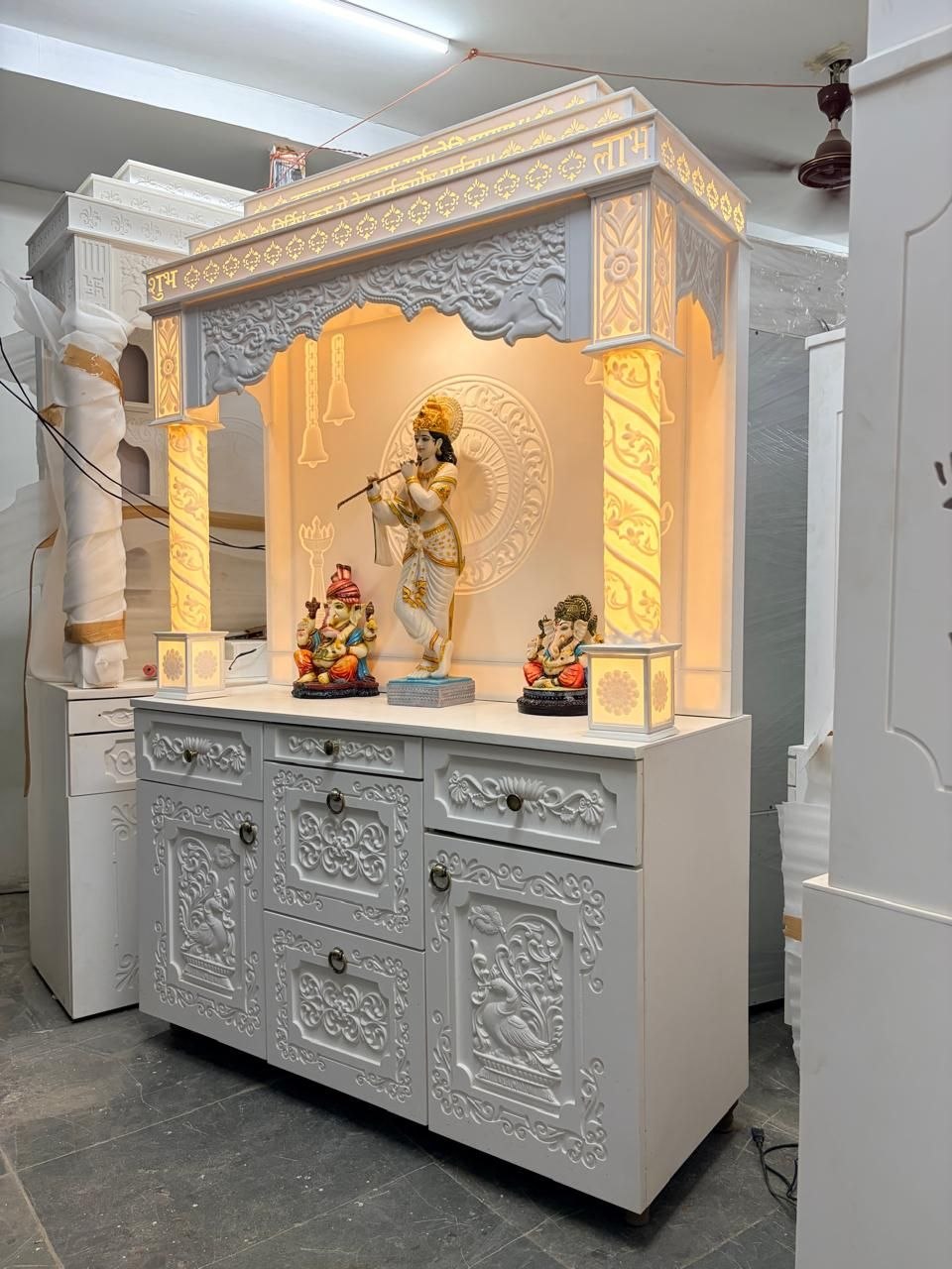 HOME ARTS | Corian pooja mandir with seating | Luxury design